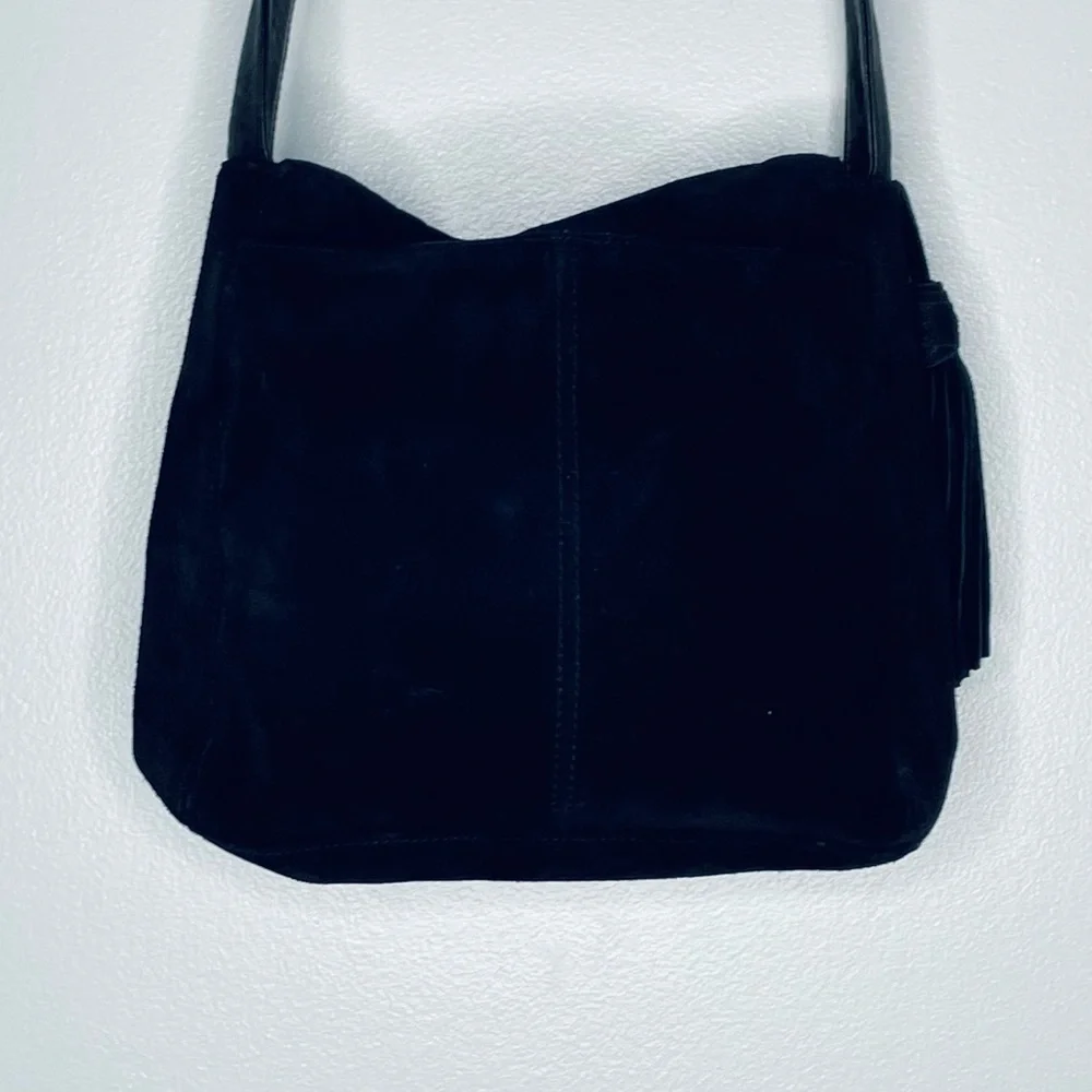 Lord & Taylor vintage boho hippie black leather and suede tassel shoulder bag - Picture 11 of 16